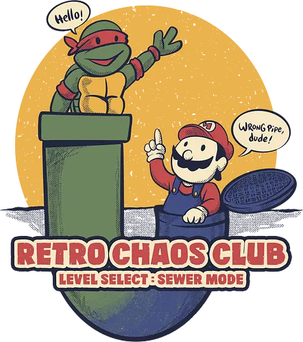 retro chaos club - luigi, tmnt, classicgame, vintage, retro club, plumbers, mario, ninja, turtle